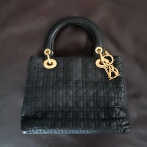Authentic Medium Lady Dior Black Quilted Bag with Gold Accents